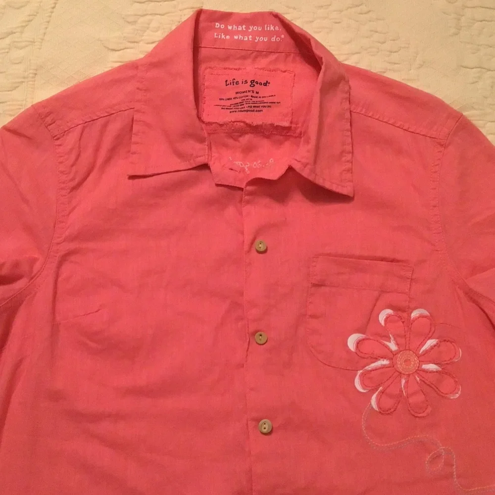 Life is Good Linen Cotton Blend Carnation Pink Button Front Short Sleeve Shirt - Picture 1 of 12